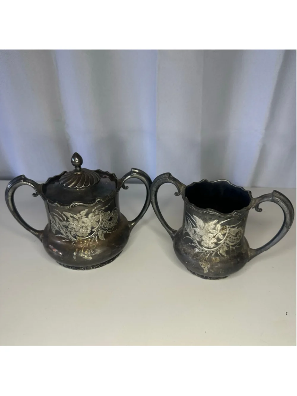 Antique Meriden B Company Quadruple Silverplate Sugar Bowl Set 132 Floral Etched